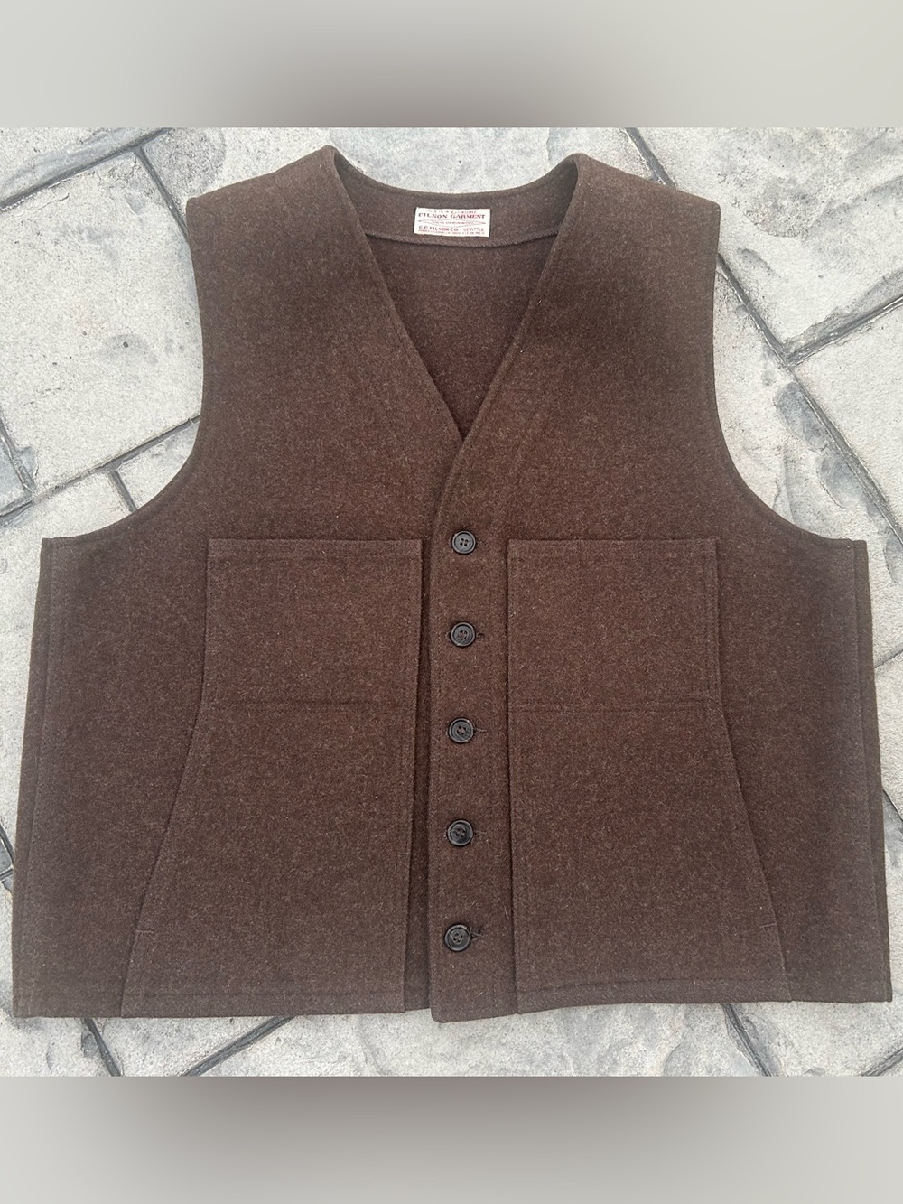 Vintage CC Filson Brown Wool Button Front Mackinaw Vest XL XXL 50 chest